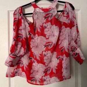 The Room - Floral Red Women's Top, Cold Shoulder